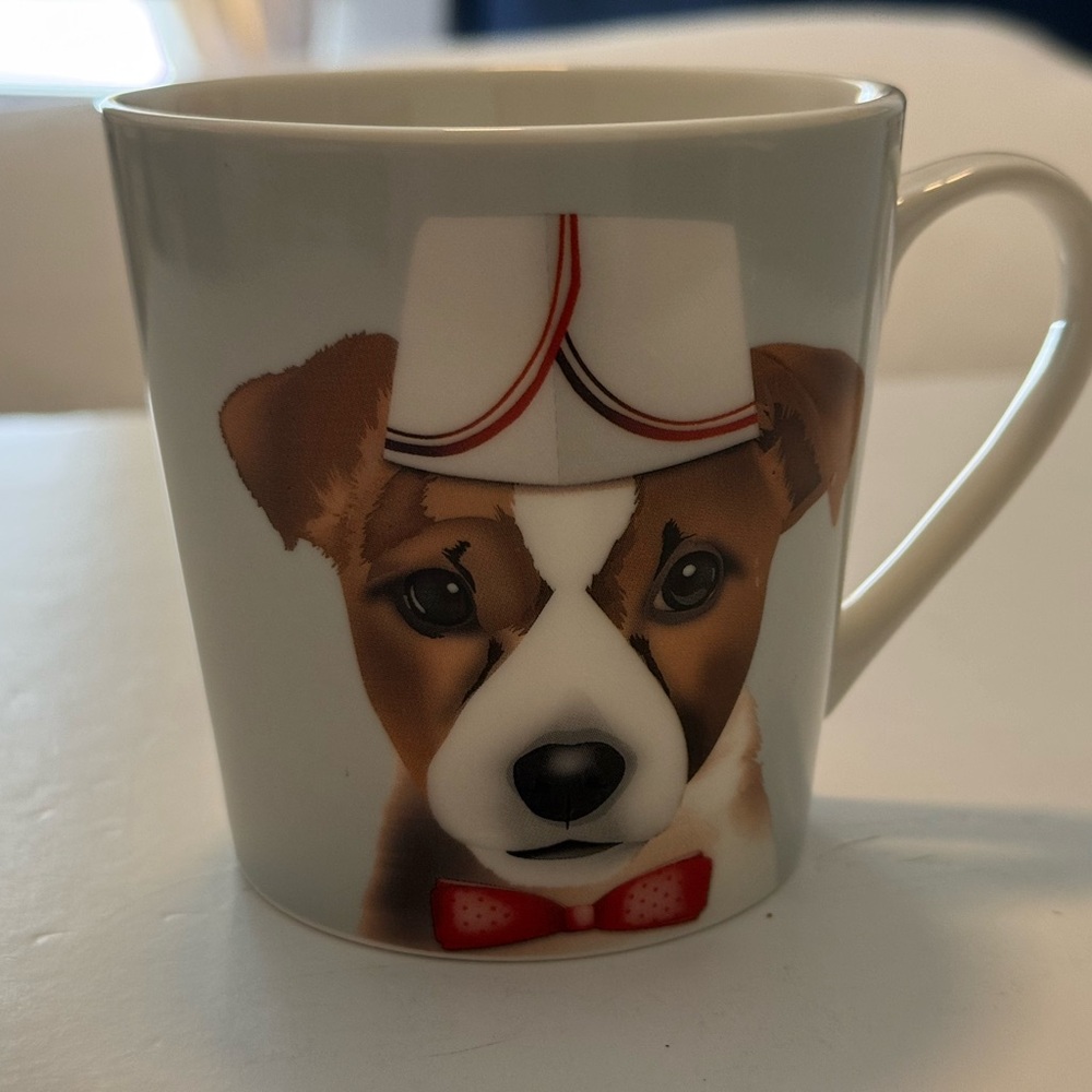 Christopher Vine Dog-Themed Ceramic Mug in White and Brown with Red Accent